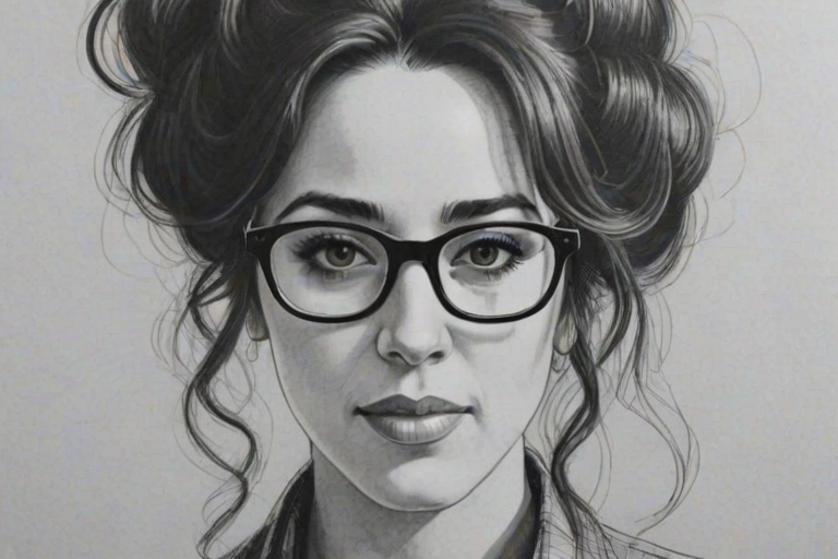 Dazzling Maggie Wheeler, pencil sketch, portrait of Fetching woman 1965s in glasses, hair style beatnik, outline, clear lines, fine lines, 8k