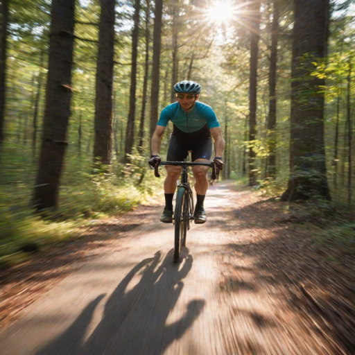 Blurry action photo of a cyclist speeding through a forest trail, soft sunlight filtering through the trees, with the distant sound of birds chirping in the background.