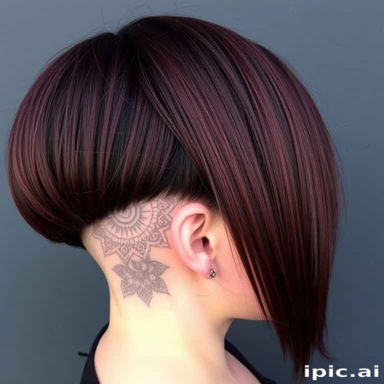 Deep burgundy locks styled in a sleek asymmetrical bob with one side shaved, featuring intricate mandala designs etched into the buzzed portion, blending edge with elegance.