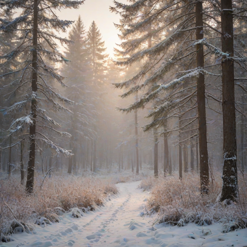 capture a serene winter forest landscape with mist rolling over snow-covered trees using a Canon EOS 5D Mark IV, 50mm lens, aperture f/8, ISO 100, shutter speed 1/200s, golden hour soft light, shallow depth of field for atmospheric effect