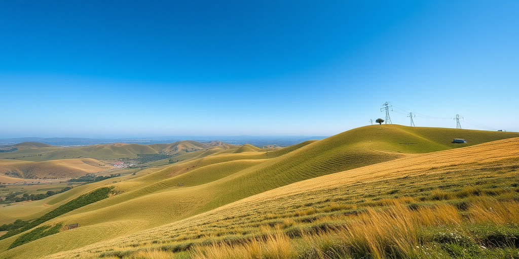 Create a high-resolution image of a serene landscape featuring rolling hills and a clear blue sky, captured with a Canon EOS R5 at 24mm f/8 ISO 100, using natural light to enhance details and colors, focus on a wide-angle view to emphasize depth.
