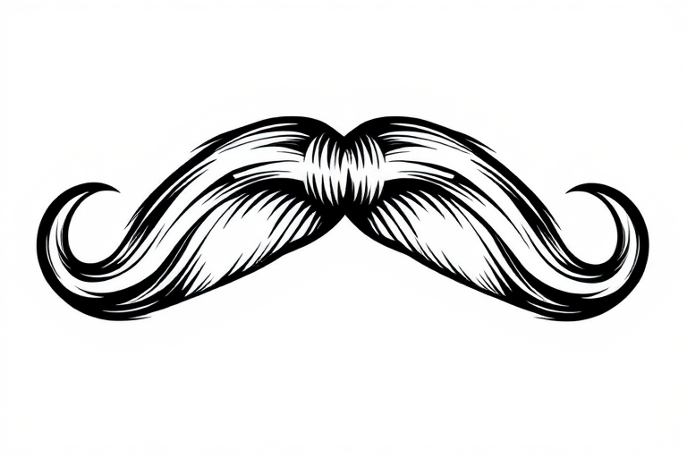 Generate a detailed black and white illustration of a vintage-style mustache with a smooth finish, using a DSLR camera with a 50mm lens at f/2.8 aperture, ISO 100, and a soft focus background for enhanced clarity.
