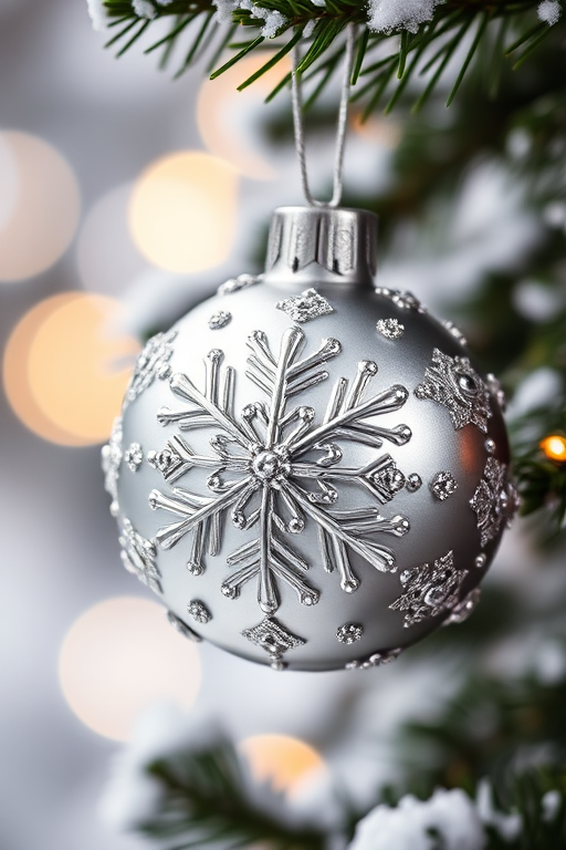 Create a highly detailed close-up of a beautifully designed silver Christmas ornament with intricate snowflake patterns and embellishments, hung on a snowy evergreen branch, soft bokeh background, use a DSLR camera, 50mm lens, aperture f/1.8, ISO 100, shutter speed 1/200s.
