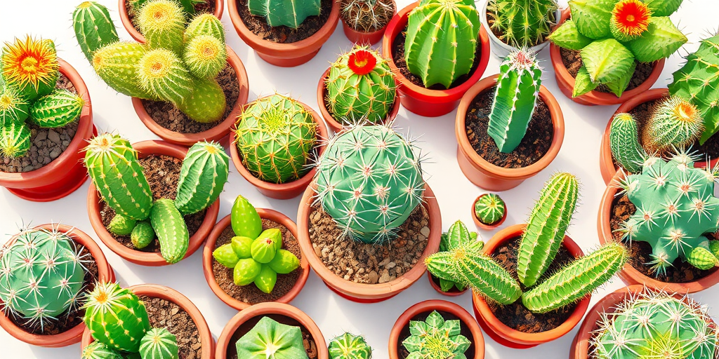 Create a vibrant illustration of various cacti in different pots, featuring a range of shapes and sizes, high resolution, use an 85mm lens, f/2.8 aperture, 1/250s shutter speed, and capture from an overhead angle with a bright, natural light style.