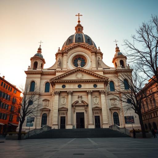 Regenerate the image of the Basilica with a low-angle view, at golden hour, using a DSLR camera, f/8 aperture, 1/250 sec shutter speed, and ISO 100 for enhanced quality.