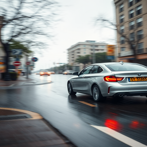 A silver car driving down a rain-soaked street with motion blur, shot with a Canon EOS R, 50mm lens, f/2.8, ISO 100, 1/500s shutter speed, side view.