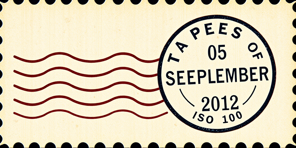 Create a high-resolution image of a vintage postal stamp design featuring wavy lines and a circular postmark with the date 05 SEPTEMBER 2012, captured with a DSLR camera, 50mm lens, f/2.8 aperture, ISO 100, natural light, and a shallow depth of field.