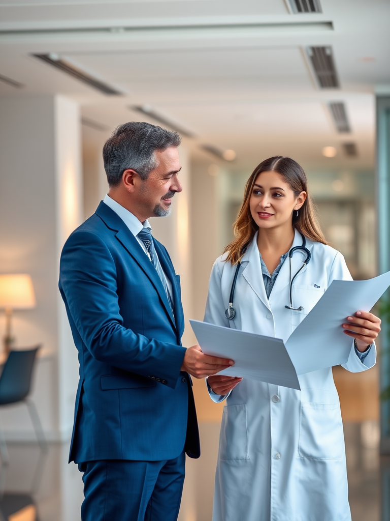 A professional medical consultation in a modern office setting, featuring a female doctor in a white coat discussing charts with a male executive in a blue suit, soft natural lighting, shallow depth of field, 50mm lens, f/1.8 aperture, ISO 200, 1/200 sec shutter speed, portrait orientation.