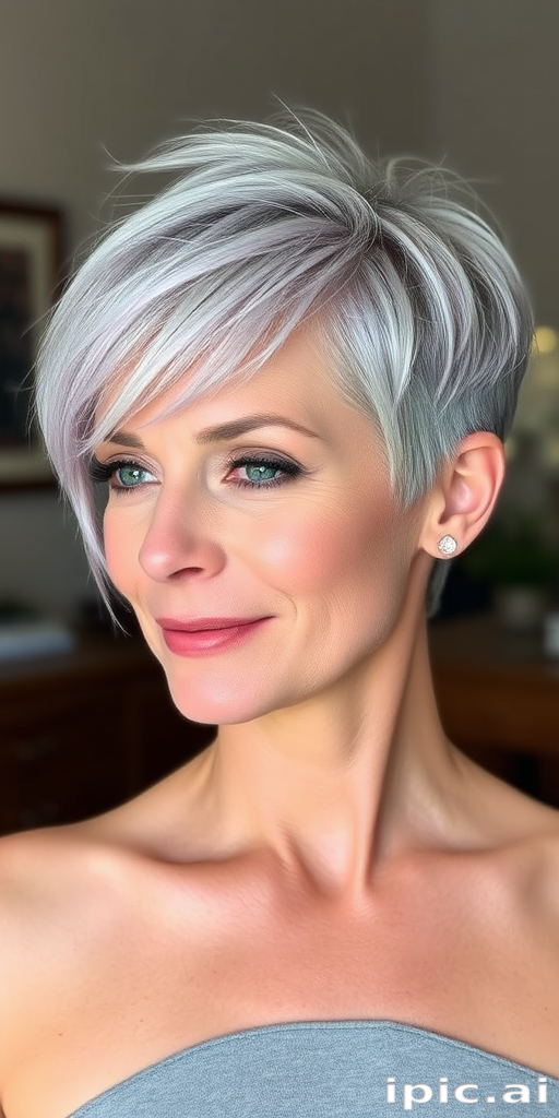 Elegant mature woman with a chic silver pixie cut, styled with textured layers and subtle lavender highlights for a youthful touch
