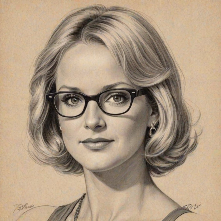 Captivating Bonnie Hunt, pencil sketch, portrait of Alluring woman 1934s in glasses, hair style beatnik, outline, clear lines, fine lines, 8k