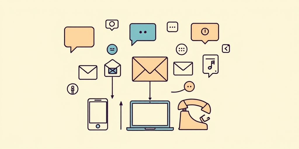 Create a detailed vector illustration of communication icons including chat bubbles, a smartphone, an envelope, a laptop, a telephone, and a megaphone in a minimalistic style, using a DSLR camera with a 50mm lens at f/1.8, ISO 100, and a soft-focus background for a clean look.