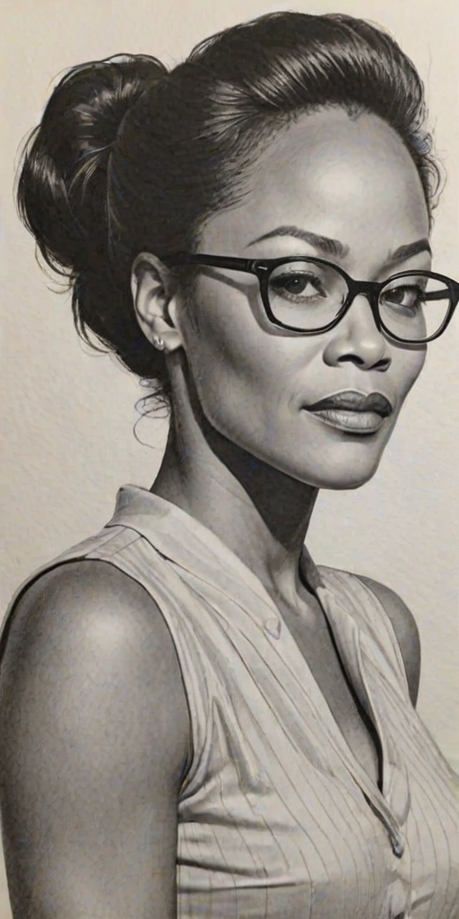 Stunning Robin Givens, pencil sketch, portrait of Lovely woman 1958s in glasses, hair style beatnik, outline, clear lines, fine lines, 8k