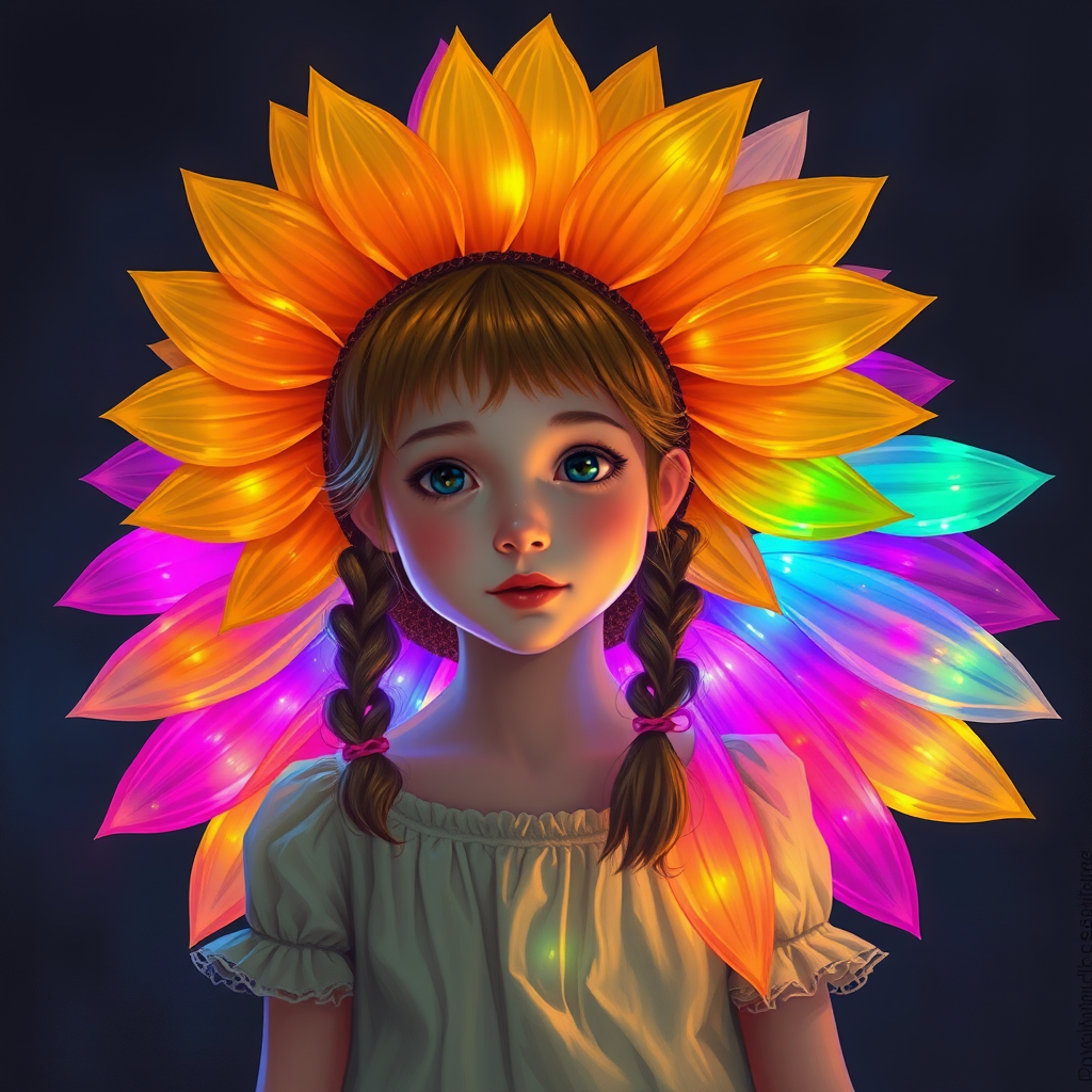 Superfine painterly A pretty girl with pigtails with a giant LED sunflower with multicolored petals that shimmer and shine