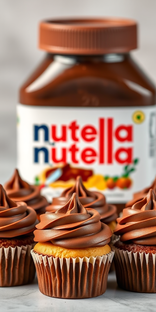 Regenerate the image of six small cupcakes topped with chocolate frosting in front of a jar of Nutella, using a Canon EOS R5 camera, 50mm lens, f/1.8 aperture, ISO 100, and a soft, diffused lighting setup for enhanced clarity and detail.
