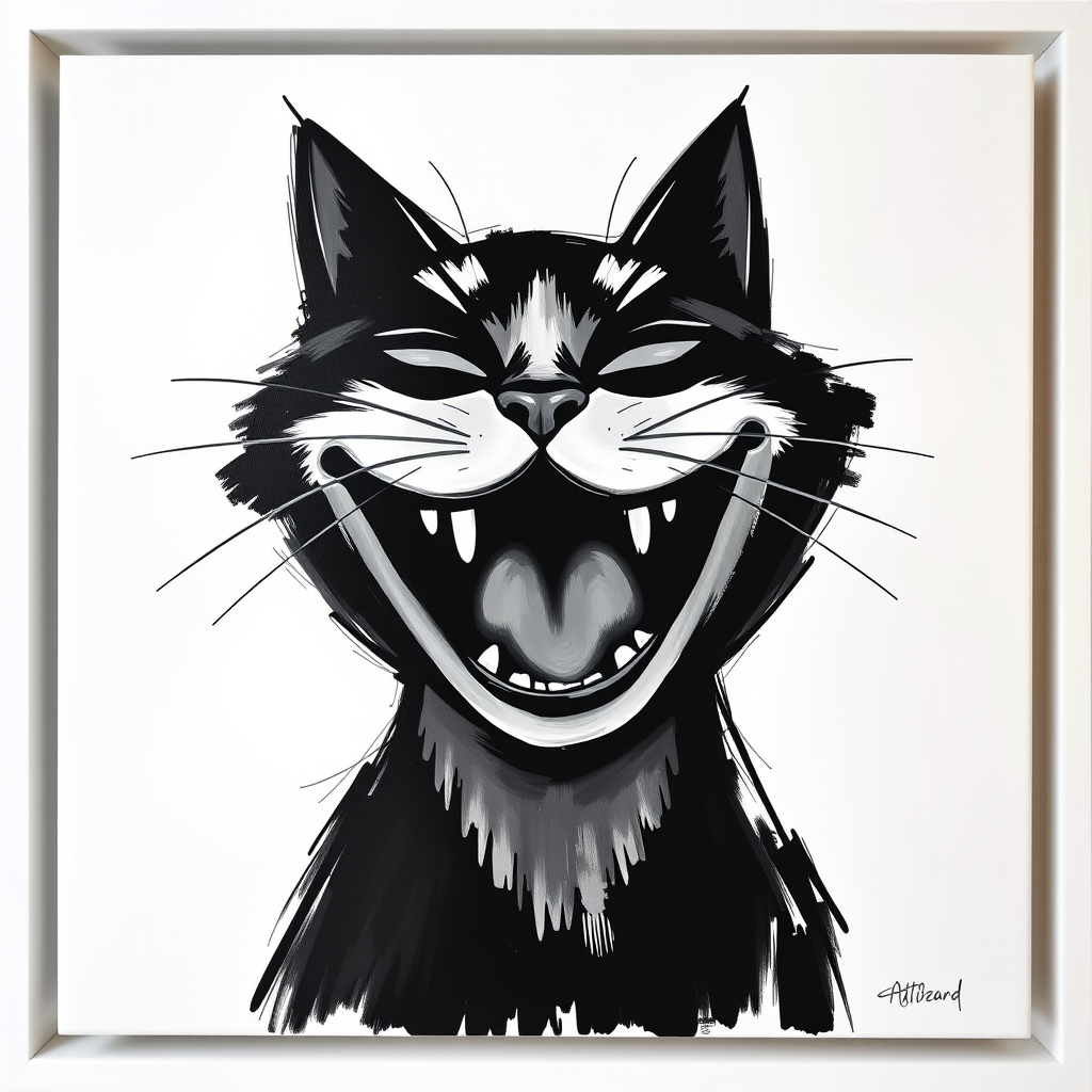 Abstract black and white acrylic portrait of an over exaggerated laughing (cat). Minimalism style. White background.