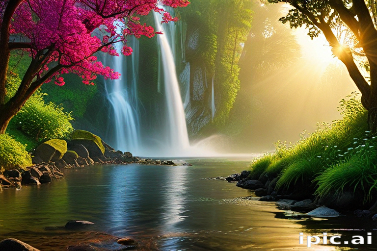 Tranquil Waterfall Surrounded by Lush Greenery and Vibrant Pink Blossoms