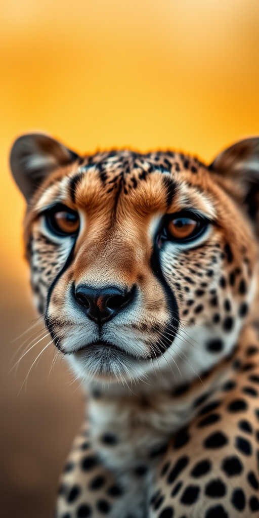 Close-up portrait of a cheetah with sharp focus on its face, golden bokeh background, shot with a Canon EOS R5, 85mm lens, f/1.8 aperture, ISO 100, 1/200s shutter speed, natural light.