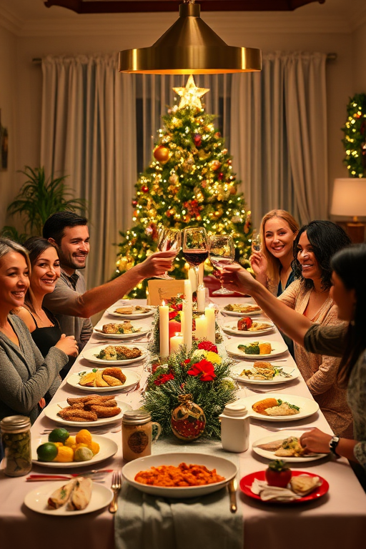 Create an image of a festive holiday dinner scene featuring a diverse group of people gathered around a beautifully set table. They are smiling and raising glasses in a toast, surrounded by a variety of delicious dishes and decorations. The setting should have warm lighting, a decorated Christmas tree in the background, and a cozy atmosphere that captures the spirit of celebration and togetherness.