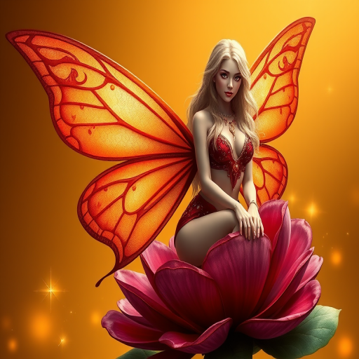 A digital artwork features a winged fairy with delicate Salmon butterfly wings, adorned with intricate Beige andMahogany patterns. She is seated on a vibrant Plum flower, wearing a revealing red two-piece outfit with sparkling beadwork. Her fair skin, long blonde hair, and gold jewelry add to her ethereal appearance. The background is a warm, golden gradient, creating a magical atmosphere. Small glowing orbs and sparkles surround the flower, enhancing the enchanting, highly detailed, and realistic scene.