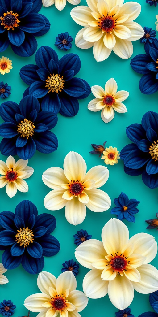 create a vibrant floral pattern with alternating dark blue and cream flowers on a teal background, using a macro lens, f/2.8 aperture, 50mm focal length, and natural lighting for enhanced details and colors