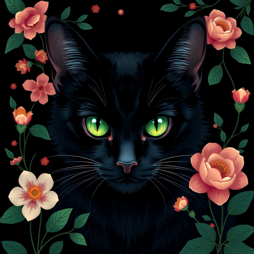 Create a high-resolution digital illustration of a majestic black cat with striking green eyes surrounded by stylized flowers and leaves in a dark background, using a digital art style, with a focus on intricate detailing and vibrant color contrast, simulate a Canon EOS 5D Mark IV with a 50mm f/1.8 lens at ISO 100, aperture f/2.8, and a shallow depth of field for enhanced clarity and richness.