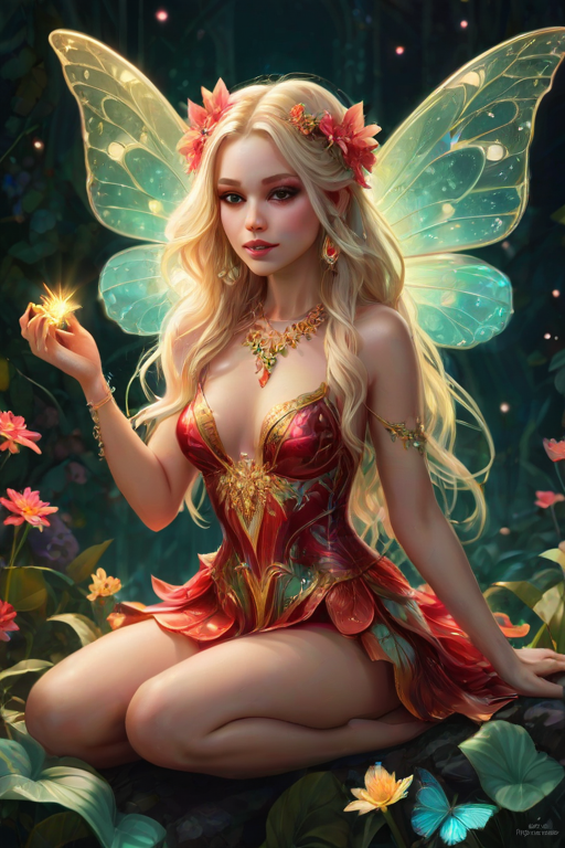 A digital artwork features a winged fairy with delicate Seafoam butterfly wings, adorned with intricate Cerise andCanary patterns. She is seated on a vibrant Electric flower, wearing a revealing red two-piece outfit with sparkling beadwork. Her fair skin, long blonde hair, and gold jewelry add to her ethereal appearance. The background is a warm, golden gradient, creating a magical atmosphere. Small glowing orbs and sparkles surround the flower, enhancing the enchanting, highly detailed, and realistic scene.