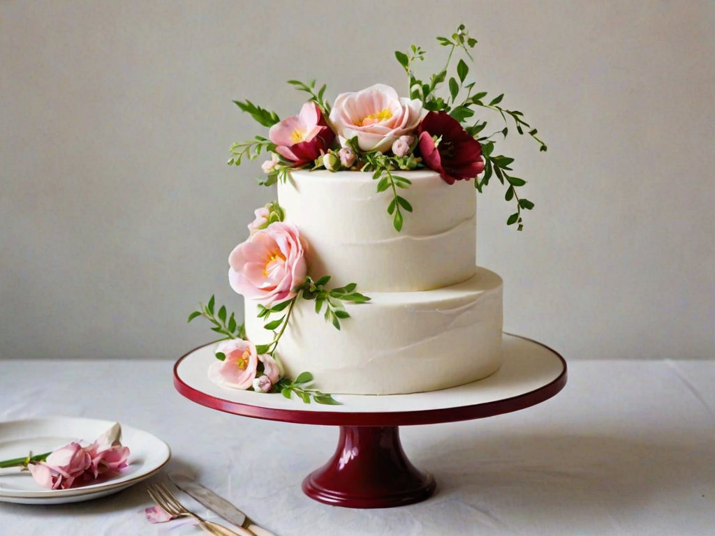 Create a three-tiered wedding cake with a smooth white frosting. Decorate it with delicate edible flowers in soft pink and deep red colors, along with green vine accents. Place the cake on a simple, elegant cake stand. The background should be neutral and minimalistic to highlight the beauty of the cake.