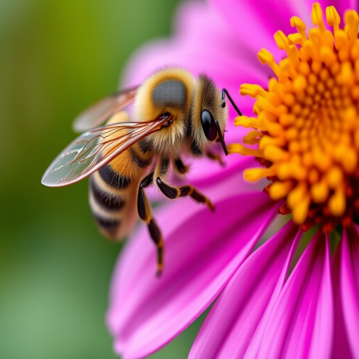 Close-up of a bee on a vibrant flower, shallow depth of field, soft bokeh background, Canon EOS 5D Mark IV, 100mm macro lens, f/2.8, ISO 100, 1/250s, natural light.