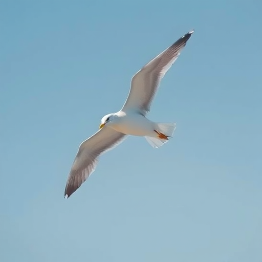Create a high-resolution image of a flying seagull with a clean background using a DSLR camera at f/5.6 aperture, ISO 200, shutter speed 1/1000s, with a slightly upward angle to capture the bird in action.