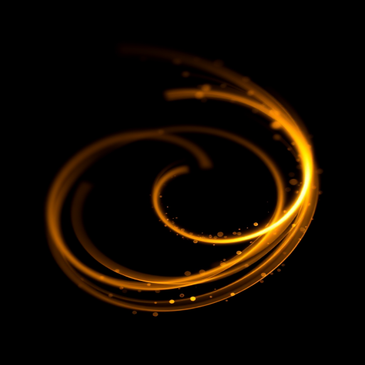 Generate a high-quality image of a glowing golden swirl on a black background using a DSLR camera with a 50mm lens, f/1.8 aperture, ISO 100, 1/200s shutter speed, taken from a close-up view with a soft focus style.