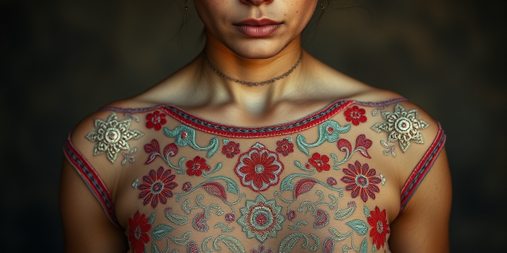 Face, shoulders, chest covered in openwork Maya embroidery. Raw, unedited image.