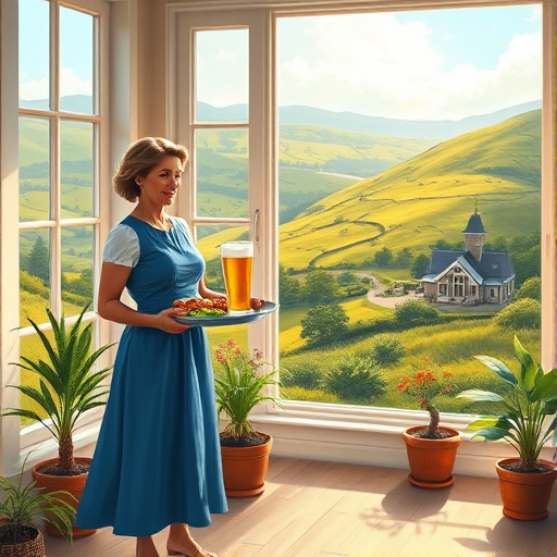 In "A Glass of Beer on the Highland," a serene scene is depicted in a sunlit room where a woman in a vibrant blue dress stands by a large window. She holds a tray with a hearty meal and a frothy glass of beer, embodying a moment of relaxation. Outside, the breathtaking highland landscape features rolling green hills and a charming traditional house, all bathed in warm afternoon light. The interior is adorned with potted plants, creating a harmonious blend of comfort and nature. The painting beautifully captures the tranquility and joy found in simple pleasures amidst stunning scenery