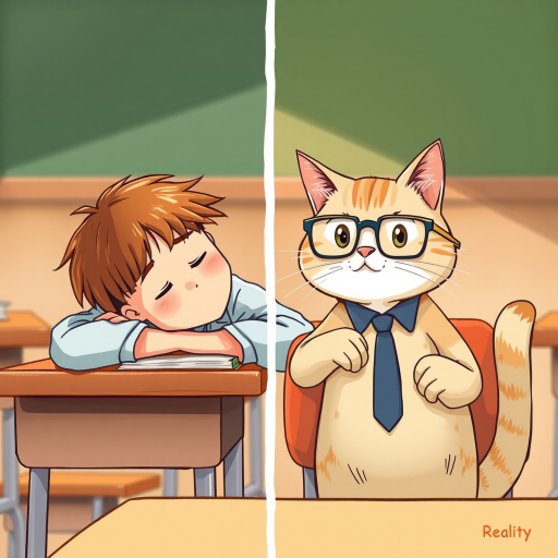 Illustration of a classroom scene with a tired student resting his head on a desk while a smartly dressed cat wearing glasses takes notes, split between reality and a daydream, capture with a Canon EOS R5, aperture f/2.8, ISO 100, 24mm lens, soft lighting, vibrant colors.