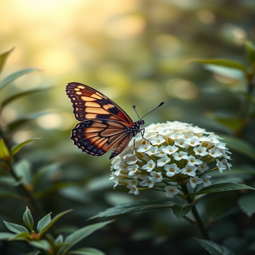 Generate an image of a butterfly perched on a cluster of white flowers, surrounded by green foliage. The background should be softly blurred, creating a serene and tranquil atmosphere. The butterfly should have intricate patterns on its wings, showcasing a mix of dark and light colors.
