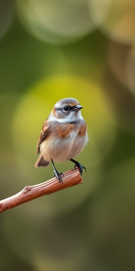 Capture a close-up of a small bird perched on a natural wooden branch, soft bokeh background, natural lighting, f/2.8 aperture, ISO 200, 1/500 sec shutter speed, shot with a DSLR camera using a 200mm lens.