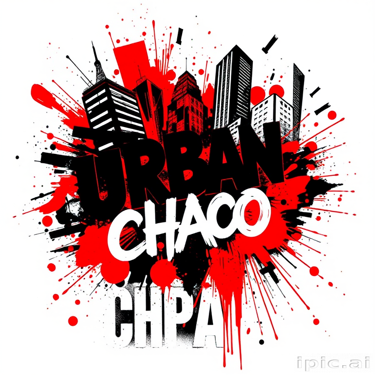 Trash polka style tattoo, "Urban Chaos," juxtaposing bold, graphic elements in solid black with splashes of vibrant red, incorporating typography, photorealistic imagery, and abstract shapes to create a dynamic and edgy composition