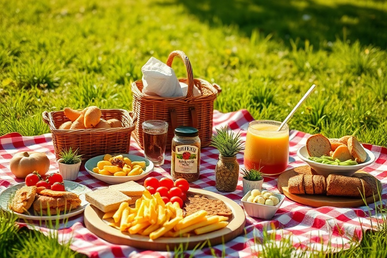 Create an image of a beautifully arranged outdoor picnic scene on a sunny day with vibrant green grass, a checkered blanket, and a variety of delicious food spread, taken with a DSLR camera in a shallow depth of field at f/2.8, ISO 100, and a 50mm lens, using a warm color palette and natural light to enhance the inviting atmosphere.