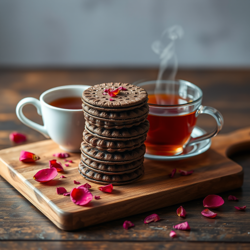 A still life image of stacked chocolate wafers on a wooden board with a cup of steaming tea beside it, sprinkled with rose petals, using a Canon EOS R5 camera, 50mm lens, f/1.8 aperture, ISO 100, shot from a 45-degree angle with soft natural lighting.