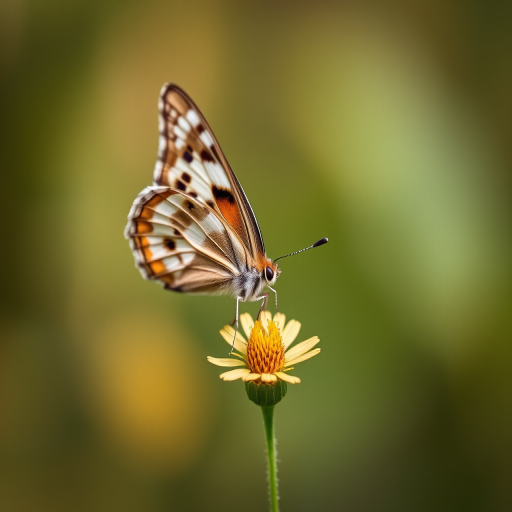 macro photograph of a butterfly perched on a small flower with a blurred background, f/2.8 aperture, ISO 200, 1/100s shutter speed, 100mm lens, taken with a mirrorless camera at eye level for enhanced detail and clarity