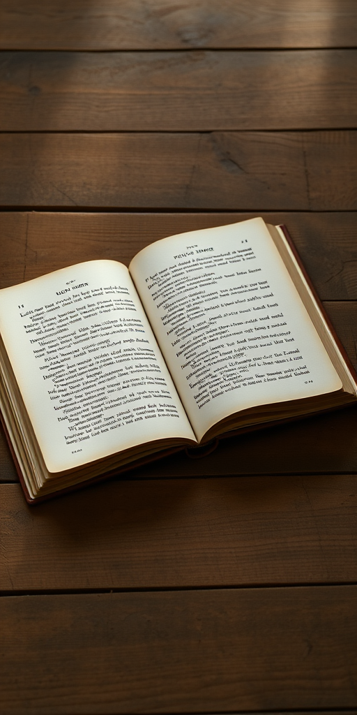 photograph an open vintage book on a wooden table with soft, natural lighting, use a Canon EOS 5D Mark IV with a 50mm lens, aperture f/1.8, ISO 100, shutter speed 1/60s, captured from a top-down angle for detailed text visibility and texture enhancement