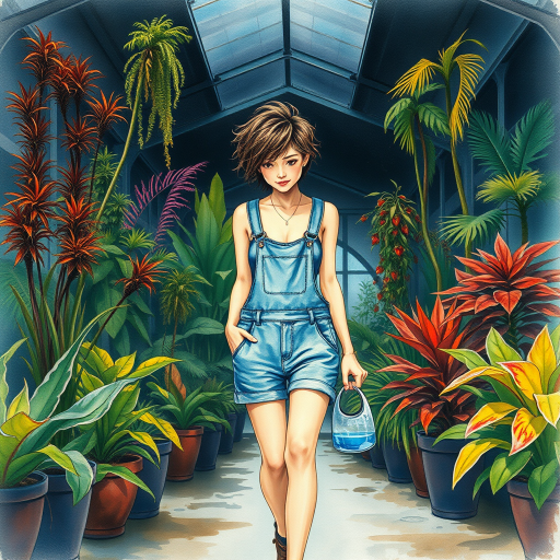 realistic water color painting. a young woman with gathered messy hair and dressed in a short denim overalls walks inside a dark greenhouse with tall and colorful plants and trees. He dries his sweat with his arm and holds a big watering hole in his hand