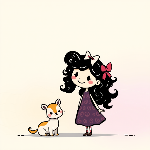 Create a digital illustration of a cheerful stick figure girl with curly hair and bows, wearing a patterned dress, standing next to a small animal, with a soft pastel background and wavy lines, using a high-resolution setting, 50mm lens, f/2.8 aperture, and a soft focus effect.