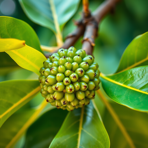 Capture a close-up image of noni fruit on a branch surrounded by vibrant green leaves, using a DSLR camera with a 50mm lens, aperture set to f/2.8, ISO 200, shutter speed 1/200s, natural lighting to enhance colors and texture, macro photography style.