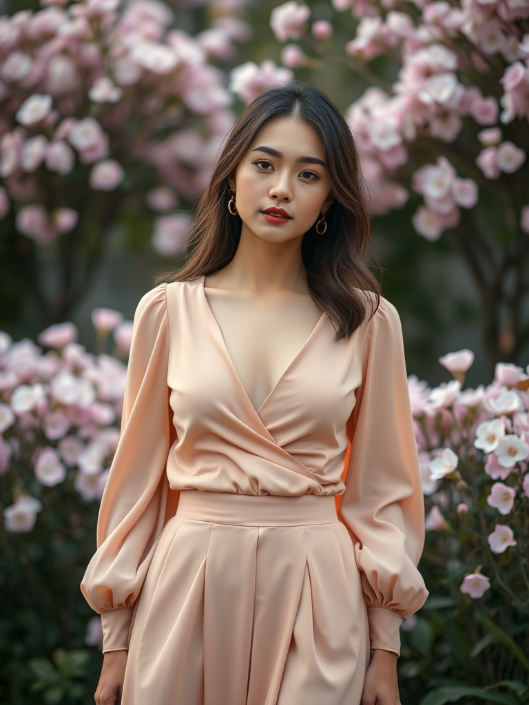 Create a soft-focus portrait of a woman in an elegant outfit with a deep v-neck top and a flowing skirt, standing amidst a backdrop of blooming flowers, using a Canon EOS R5 with a 50mm f/1.2 lens, aperture set to f/2.8, ISO 100, and a warm color profile to enhance details and softness.