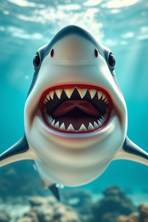 Create a cartoon-style image of a shark with exaggerated features and an expressive face, using a DSLR camera with a 50mm lens, aperture at f/2.8, ISO 100, shot in a bright underwater setting to enhance colors and contrast.