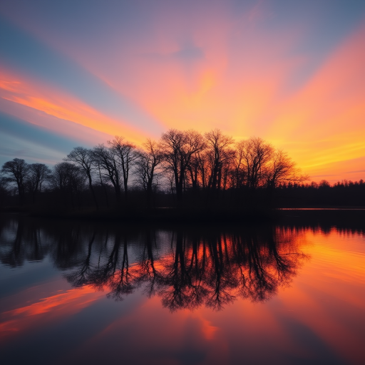 capture a serene sunset over a tranquil lake with silhouetted trees reflecting in the water, using a DSLR camera with a 24mm lens, aperture f/11, ISO 100, shutter speed 1/60 sec, in landscape orientation for vibrant colors and sharp details.