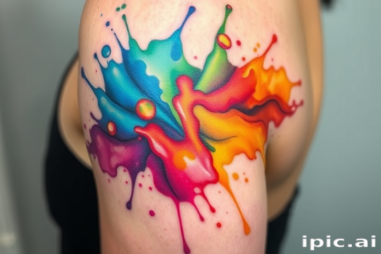 Vibrant watercolor tattoo named "Spectrum Splash" featuring a cascading rainbow of fluid colors blending seamlessly across the skin creating an abstract masterpiece of hues and tones