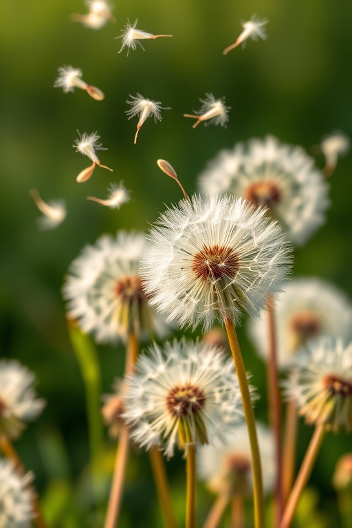 illustration of dandelions with seeds blowing away, high resolution, soft focus, shallow depth of field, 50mm lens, f/2.8 aperture, natural lighting, captured with a DSLR camera