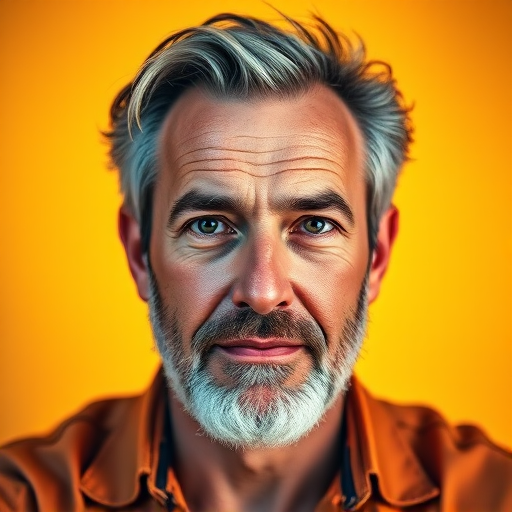 Create a vibrant portrait of a middle-aged man with strong features, emphasizing bold colors and graphic lines, using a DSLR camera with a 50mm lens at f/1.8, capture from a slightly low angle to enhance facial prominence, in a pop art style with soft focus background for a dreamy effect.