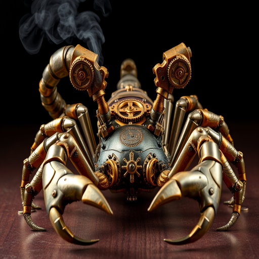 Create a high-intensity, high-resolution image of a steampunk scorpion, featuring intricate clockwork mechanisms and brass gears. The scorpion should have metallic limbs with elaborate jointed segments, showcasing a blend of Victorian-era aesthetics and futuristic technology. The body should be adorned with cogwheels, pistons, and small steam vents emitting a subtle mist, the front pinchers should up up and open. Capture the scene with dramatic lighting to emphasize the mechanical details, giving it a sense of motion and life